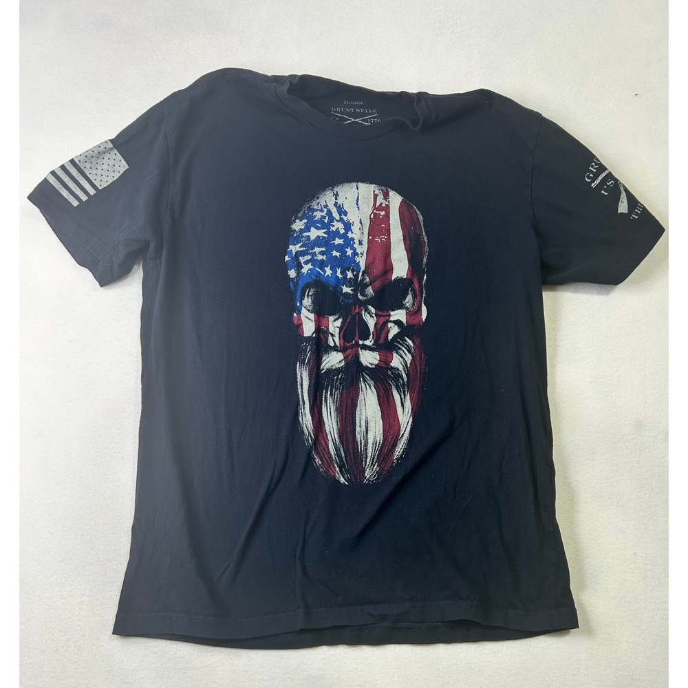 Grunt Style Mens XL Black American Flag Bearded Skull Graphic T-Shirt Tee